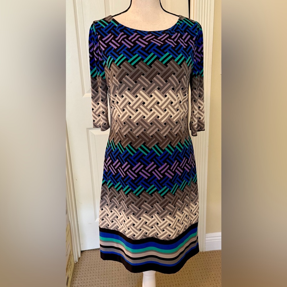 Eliza J Geometric A-Line Dress in Beige, Brown, Blue, Teal, and Purple, Sz 6